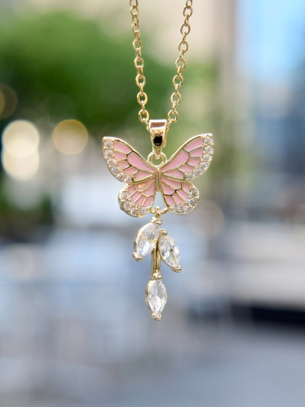 Pink Butterfly Crystals Charm Necklace - Stainless Steel Chain